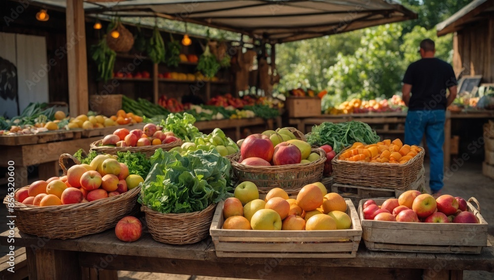 farmers market stand displaying a variety of fresh, organic produce. Include baskets and crates filled with colorful fruits and vegetables like apples, carrots, and leafy greens. farmers market stand displaying a variety of fresh, organic produce. Include baskets and crates filled with colorful fruits and vegetables like apples, carrots, and leafy greens.