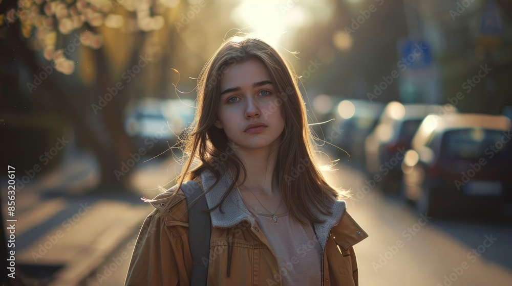 A Portrait Of A Teenager Girl Walking Down An Avenue, Her Face Glowing With Confidence A Portrait Of A Teenager Girl Walking Down An Avenue, Her Face Glowing With Confidence