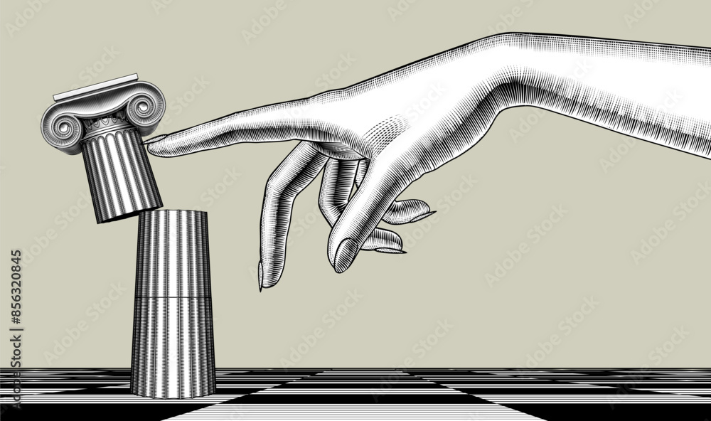 Αυτοκόλλητο Close-up of a woman's hand destroying with her index finger an antique column with a capital standing on a chessboard floor in perspective