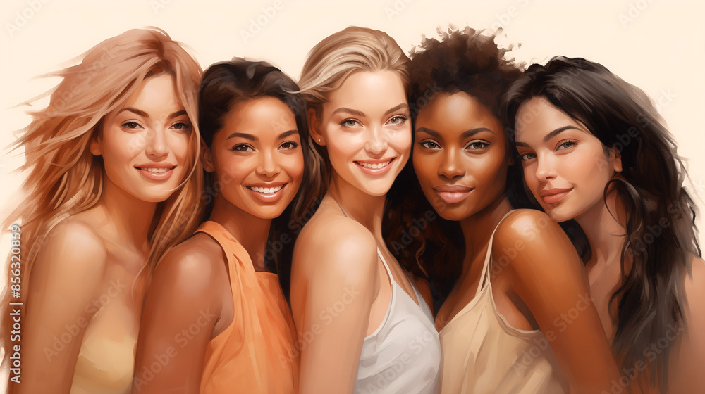 Obraz premium diverse group of smiling women, beauty and diversity, multicultural, unity concept, female empowerment, Women's Equality Day, illustration 