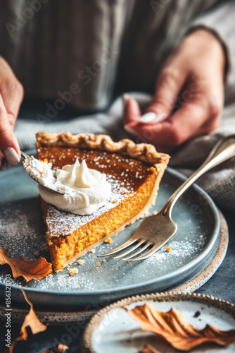 Slice of traditional american homemade pumpkin pie on plate close up