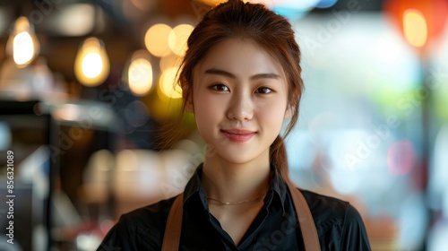 A Portrait Of An Asian Girl Waitress, Her Face Glowing With Friendliness