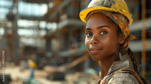 young female construction worker with hard hat and colorful headscarf confidently standing at a busy construction site photo