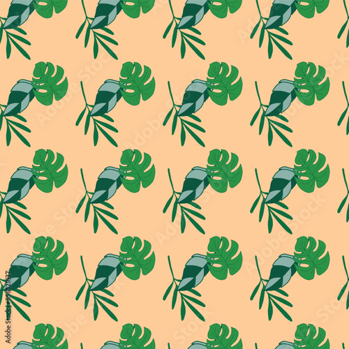 Monstera Leaves and Friends on Peach Background seamless pattern print background