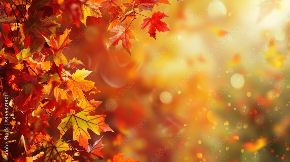 Colorful maple leaves on a branch with a blurred background of fall foliage Colorful maple leaves on a branch with a blurred background of fall foliage