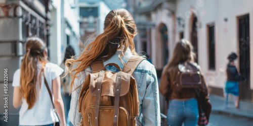 Young woman walking through city street with backpack