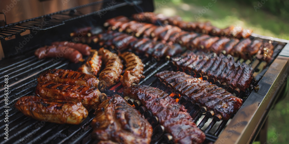 Backyard barbecue ribs and sausages grilling on labor day Backyard barbecue ribs and sausages grilling on labor day