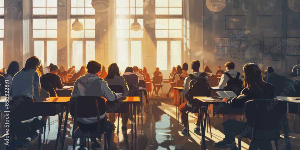 Obraz premium Students taking exams in a bright classroom