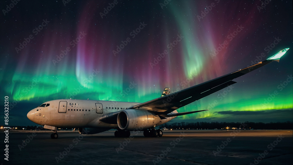 Northern lights in the sky over airplane in night flight. Northern lights in the sky over airplane in night flight.