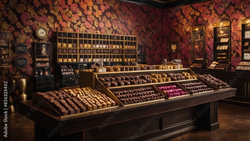 gourmet chocolate shop, featuring rows of indulgent truffle boxes and artisanal chocolate bars wrapped in vibrant, foil-stamped packaging, set against a backdrop of vintage-insp gourmet chocolate shop, featuring rows of indulgent truffle boxes and artisanal chocolate bars wrapped in vibrant, foil-stamped packaging, set against a backdrop of vintage-insp