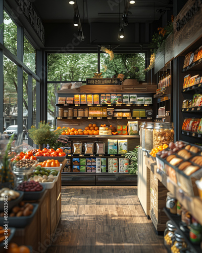 inclusive retail environment with a variety of fresh produce and organic products neatly displayed in a modern store