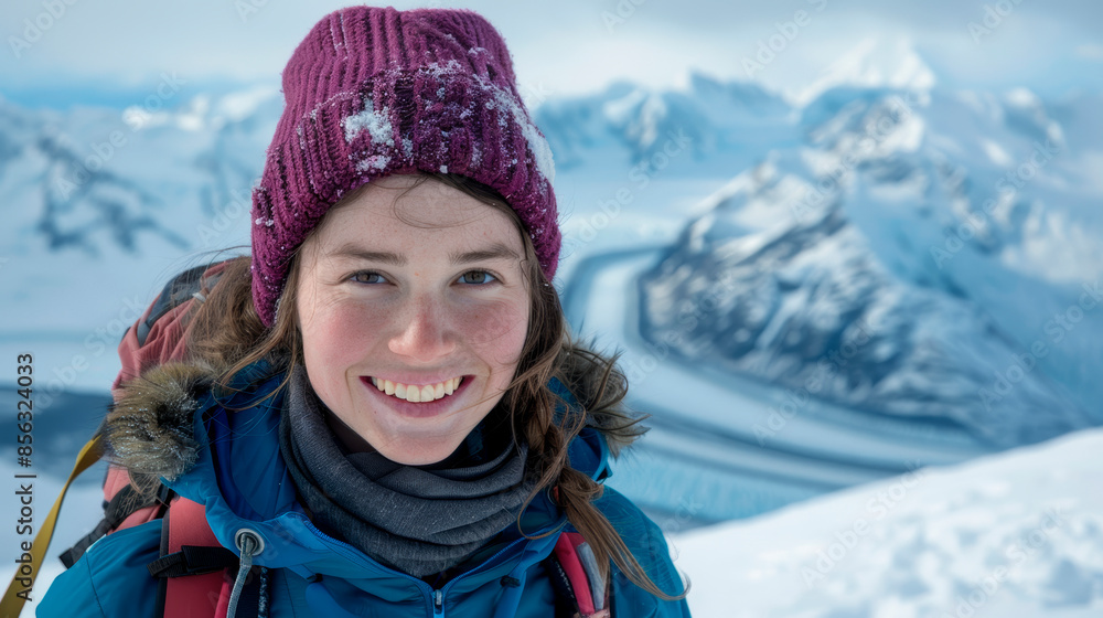 Smiling young woman in winter gear with snowy mountain background Smiling young woman in winter gear with snowy mountain background