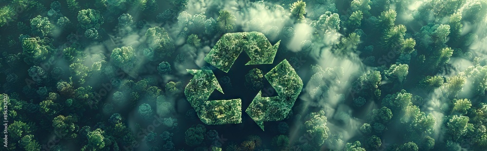 © don't panic ;) - Recycle symbol on the forest background . Ecological concept. Ecology. Recycle and Zero waste symbol in the untouched jungle for Sustainable environment. AI generated illustration © don't panic ;) - Recycle symbol on the forest background . Ecological concept. Ecology. Recycle and Zero waste symbol in the untouched jungle for Sustainable environment. AI generated illustration