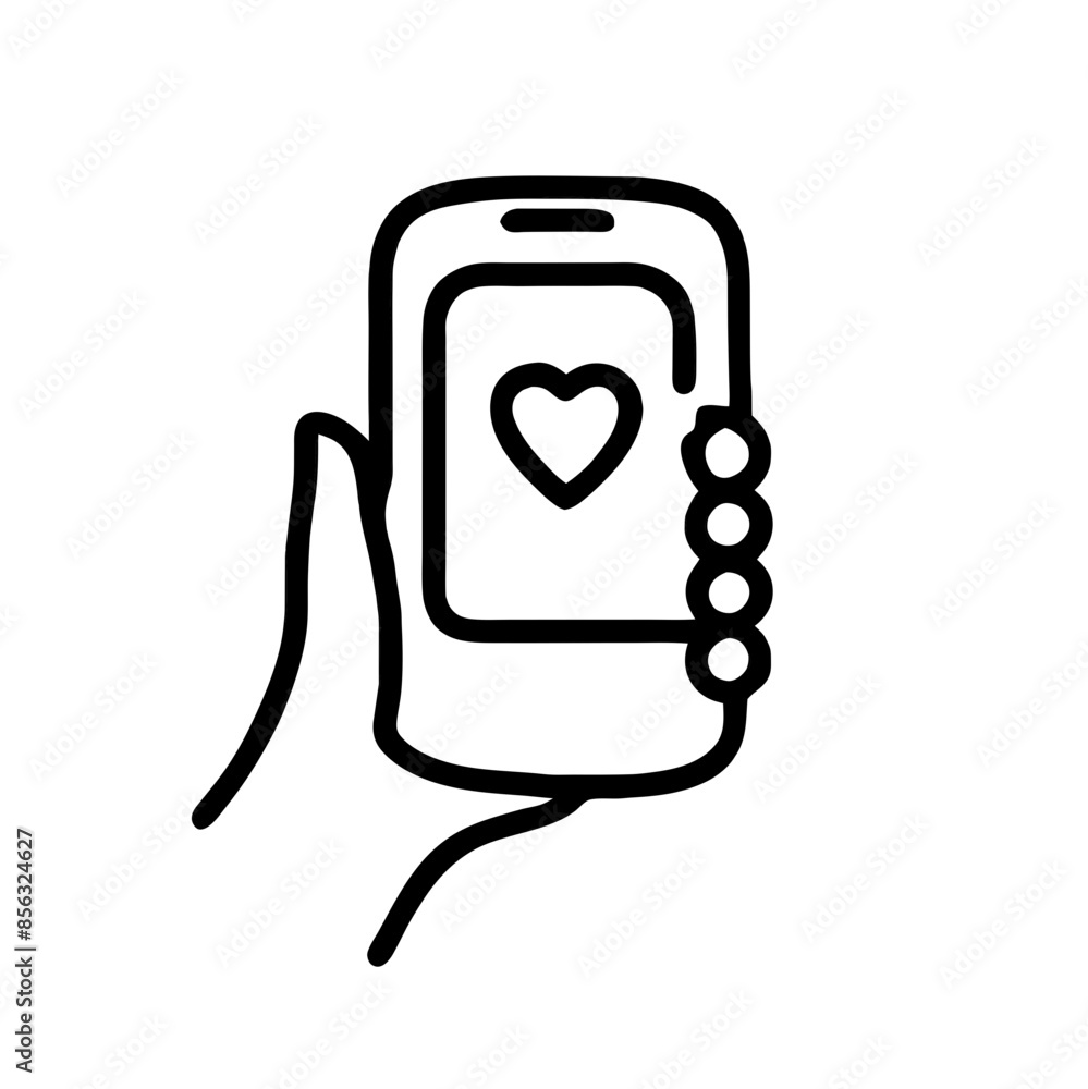Black and white vector illustration of a hand holding a cell phone with a heart symbol on its screen, on a transparent background. Perfect for love messages and romantic communication Black and white vector illustration of a hand holding a cell phone with a heart symbol on its screen, on a transparent background. Perfect for love messages and romantic communication