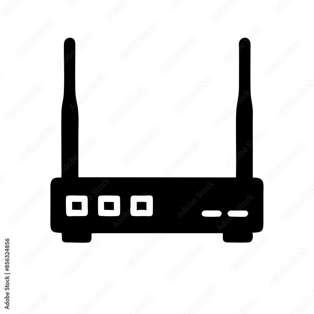 Black vector illustration of a Wi-Fi router with antennas on a transparent background. Detailed network device icon, ideal for technology-related designs and digital communication Black vector illustration of a Wi-Fi router with antennas on a transparent background. Detailed network device icon, ideal for technology-related designs and digital communication