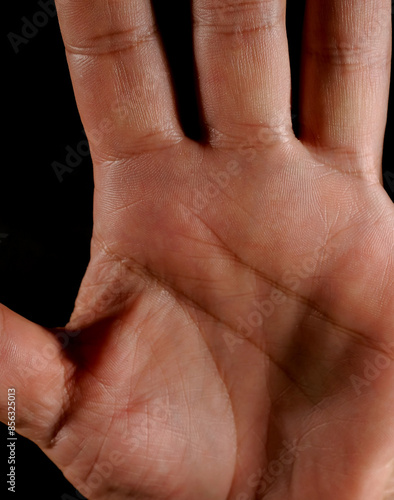 close-up palm of a man on black background