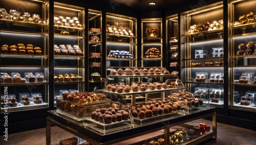 cozy chocolate shop, artisanal chocolates, gourmet truffles, pralines, shimmering foil, elegant glass display, chocolate lovers, sweet indulgence, handmade delicacies, small batch chocolates, luxury t
