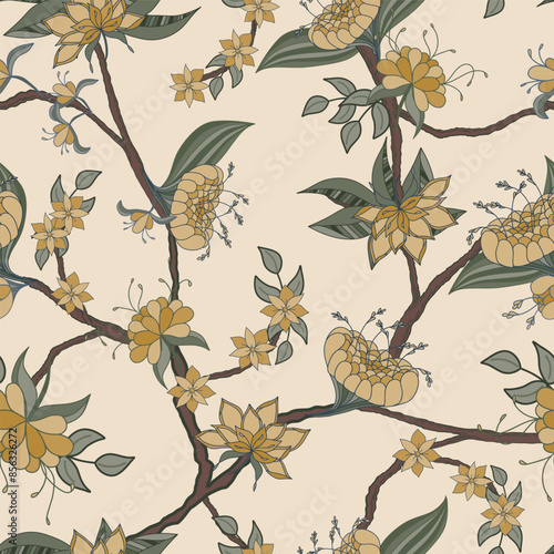 Golden Yellow Vintage Stylized Floral Vines on Beige Background seamless pattern print background