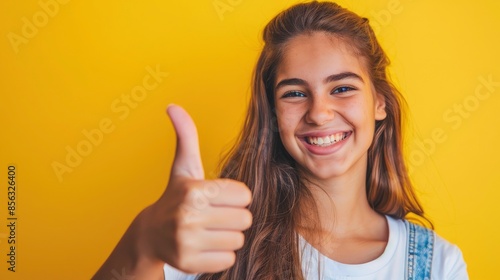 An Optimistic, Cool Teenage Girl Gives A Thumbs Up Against A Yellow Background, Her Face Beaming With Confidence © VizGen