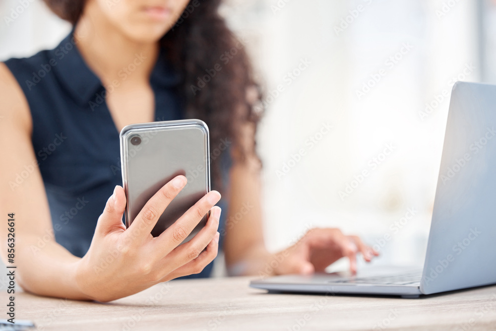 Hands, business and woman with cellphone, laptop and internet for trading, texting and investment. Person, closeup and trader with smartphone, tech and digital app for online news, message or contact Hands, business and woman with cellphone, laptop and internet for trading, texting and investment. Person, closeup and trader with smartphone, tech and digital app for online news, message or contact
