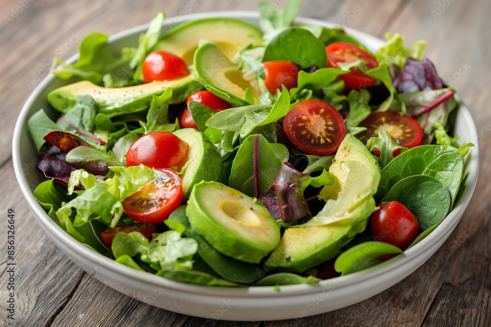 Closeup of a salad full of green vegetables, avocado slices, and cherry tomatoes, served in a white bowl sitting on a wooden table. Perfect for healthy lifestyles Closeup of a salad full of green vegetables, avocado slices, and cherry tomatoes, served in a white bowl sitting on a wooden table. Perfect for healthy lifestyles