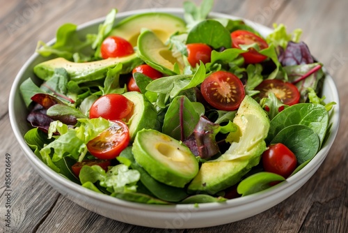 Closeup of a salad full of green vegetables, avocado slices, and cherry tomatoes, served in a white bowl sitting on a wooden table. Perfect for healthy lifestyles