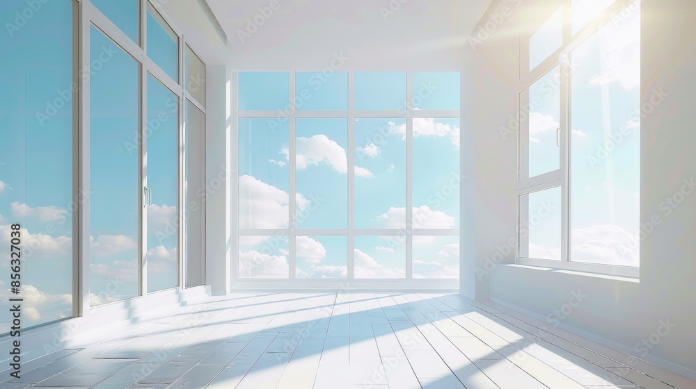 Fototapeta premium Spacious single occupancy flat with large windows blue sky view and sunlight touching walls