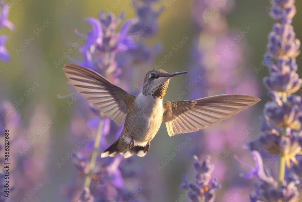 Fototapeta premium a beautiful hummingbird in flight near a purple flower. ai generative
