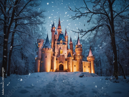 Whimsical castle in snowy forest, fantasy winter landscape, enchanting scenery. © xKas