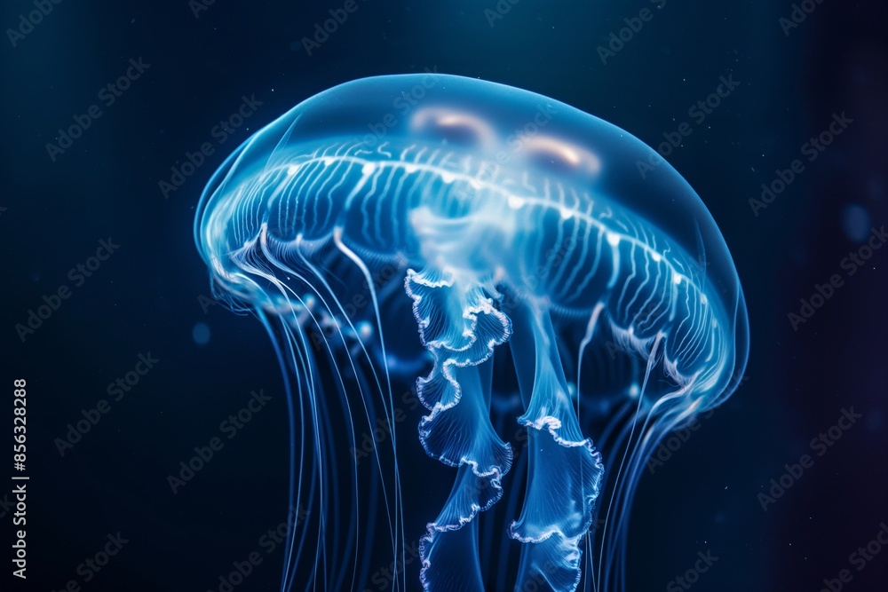Stunning bioluminescent jellyfish gracefully swims in the deep blue ocean, its tentacles glowing in the dark, creating a mesmerizing display of beauty and tranquility underwater Stunning bioluminescent jellyfish gracefully swims in the deep blue ocean, its tentacles glowing in the dark, creating a mesmerizing display of beauty and tranquility underwater