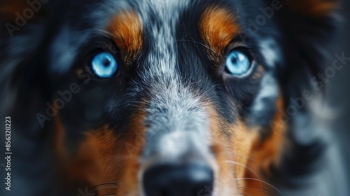 animal portraits, australian shepherd dog with captivating blue eyes, smart look, faithful companion captured in close-up shot photo