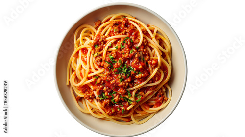 Top view of a delicious noodles plate, spaghetti plate isolated on white background