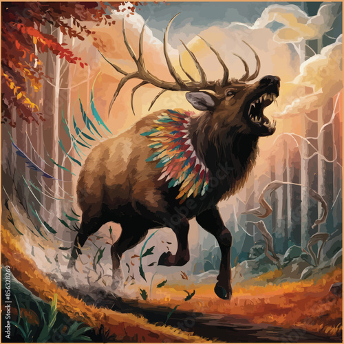 An enraged elk patterned with Native symbols tears through a fiery autumn forest leaving powerful hoof prints and hints of tribal magic