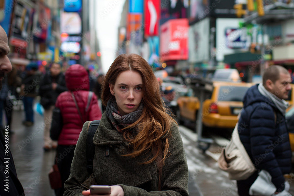 Young woman and man using smartphones in a busy city street Young woman and man using smartphones in a busy city street