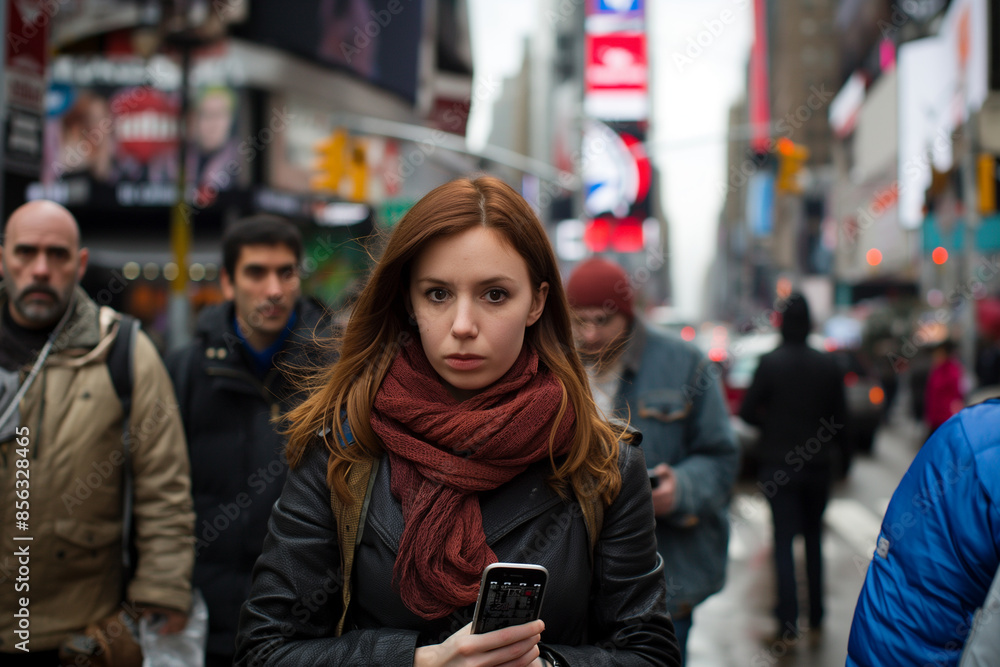 Young woman and man using smartphones in a busy city street Young woman and man using smartphones in a busy city street