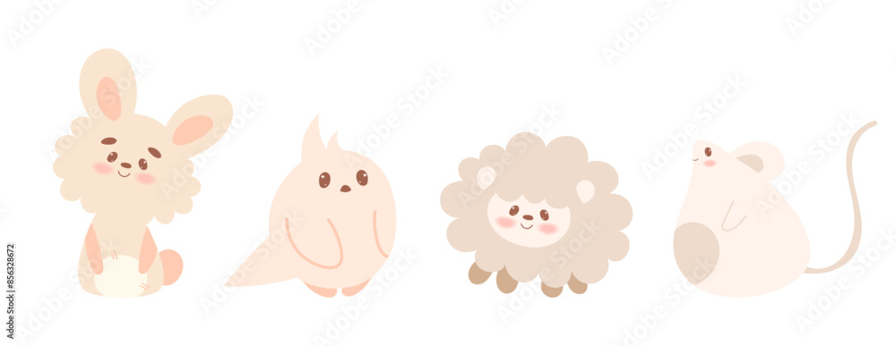 Set of cute kawaii animals in hand draw flat style. Rabbit, hare, parrot, bird, sheep, mouse. Vector illustration.Cartoon baby animal character design. Pastel colors. Set of cute kawaii animals in hand draw flat style. Rabbit, hare, parrot, bird, sheep, mouse. Vector illustration.Cartoon baby animal character design. Pastel colors.