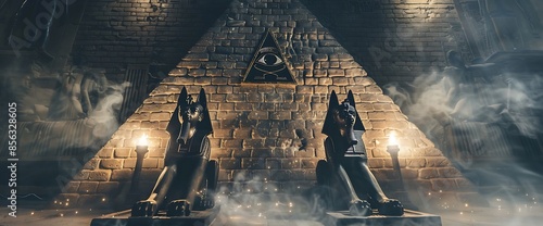 Anubis of Ancient Egypt (God of Death). Dark abstract Egyptian background, dark room with smoke, pyramid, rays of light - Generative AI