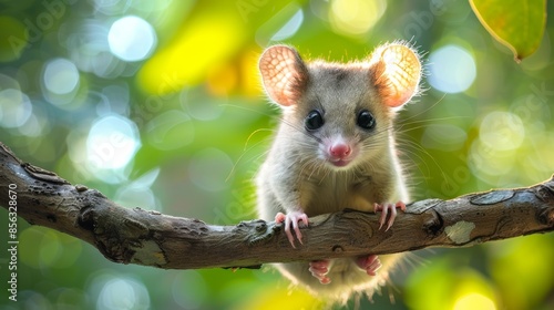 Cute baby possum in playful stance on grassy field backdrop with ample room for text, wild animals concept, banner © Anzhela