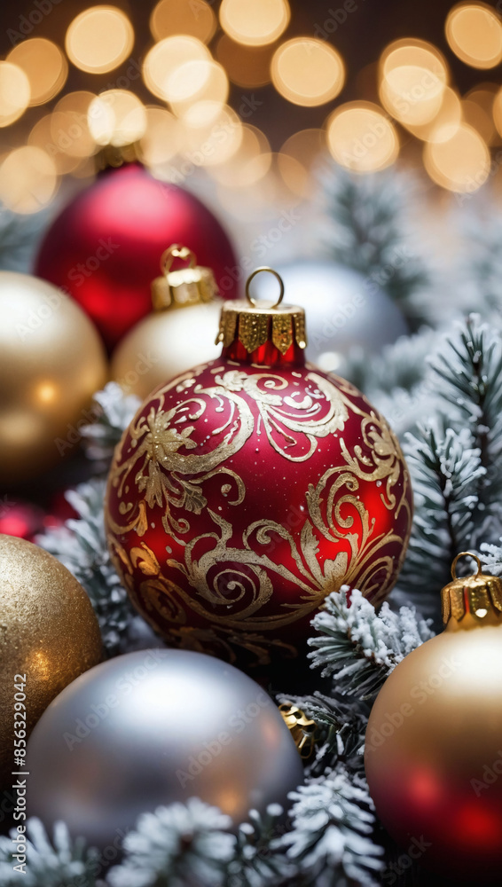 Winter season wallpaper adorned with gold, red, and silver Christmas ornaments. Winter season wallpaper adorned with gold, red, and silver Christmas ornaments.