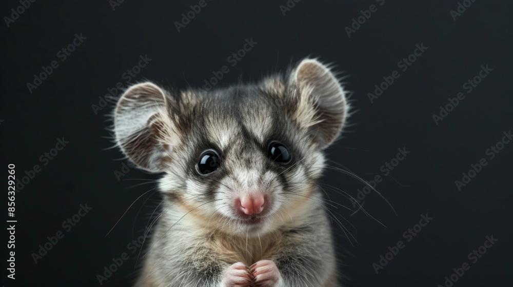 Cute baby mouse possum portrait with large ears in playful pose on dark background with copy space, wild animals concept, banner Cute baby mouse possum portrait with large ears in playful pose on dark background with copy space, wild animals concept, banner