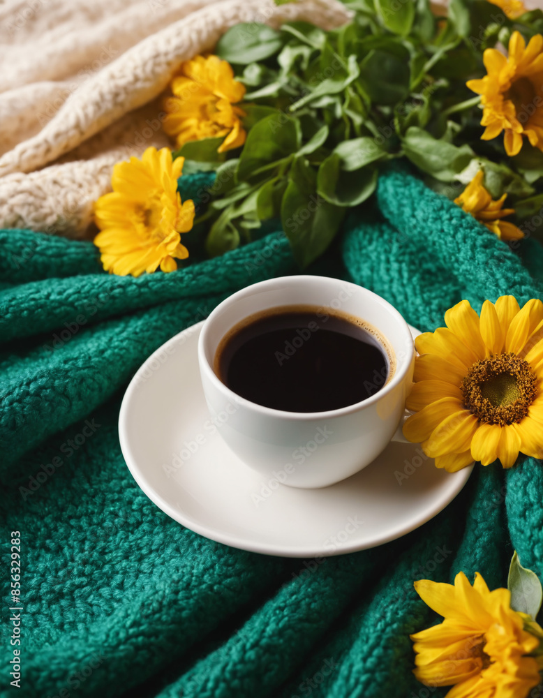 A white cup of dark coffee on an emerald knitting plaid blanket with fall yellow flowers. Summer or autumn home decor for mood board, poster or banner. Cozy house.	
