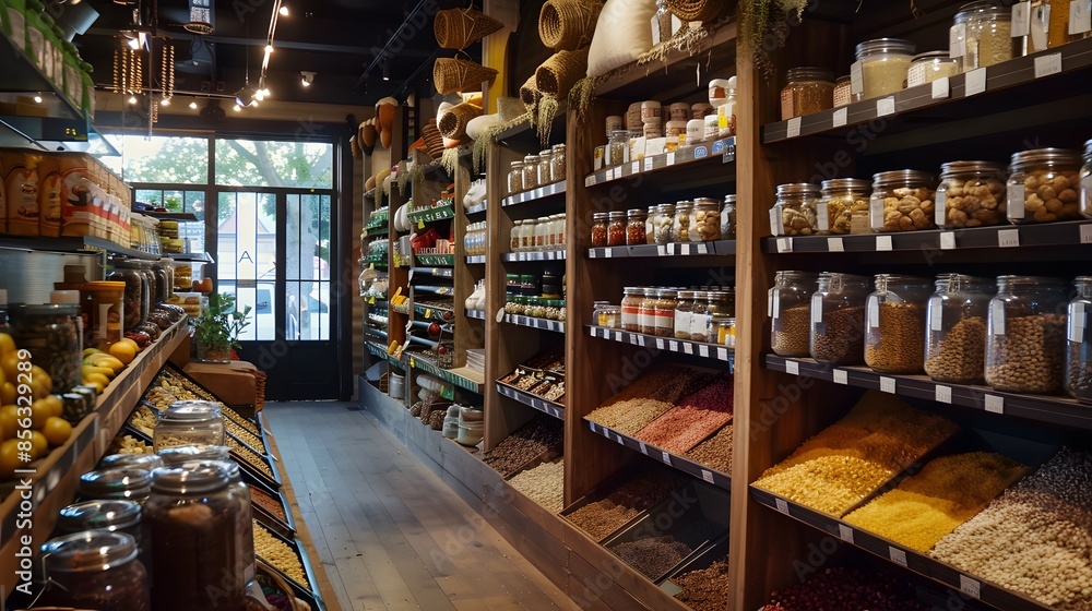 Nature's Bounty: A Haven for Grains and Spices : A warm and inviting illustration depicting a quaint grocery store overflowing with an abundance of grains and spices. Nature's Bounty: A Haven for Grains and Spices : A warm and inviting illustration depicting a quaint grocery store overflowing with an abundance of grains and spices.