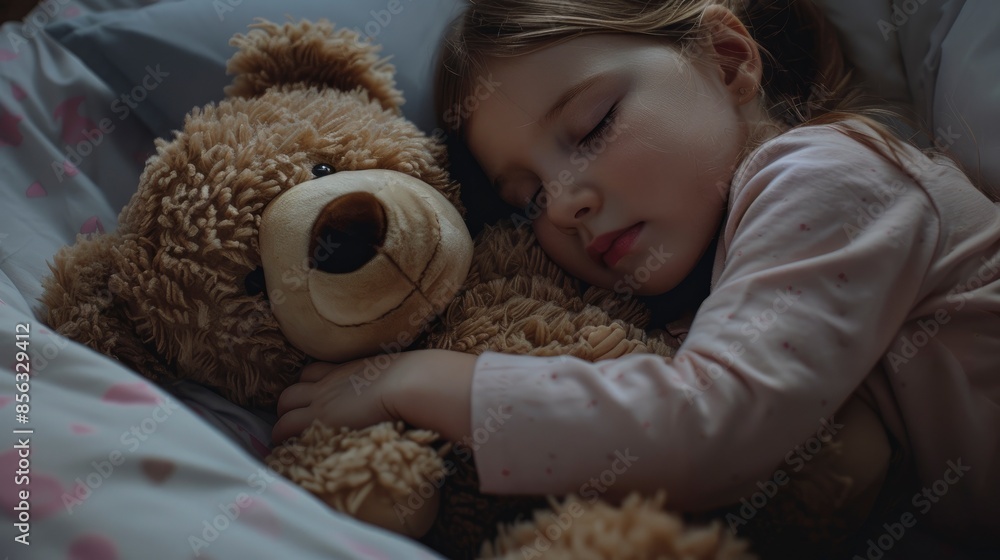 A Cute Little Girl Hugs Her Teddy Bear And Sleeps Peacefully In Bed, Her Face Serene And Content A Cute Little Girl Hugs Her Teddy Bear And Sleeps Peacefully In Bed, Her Face Serene And Content