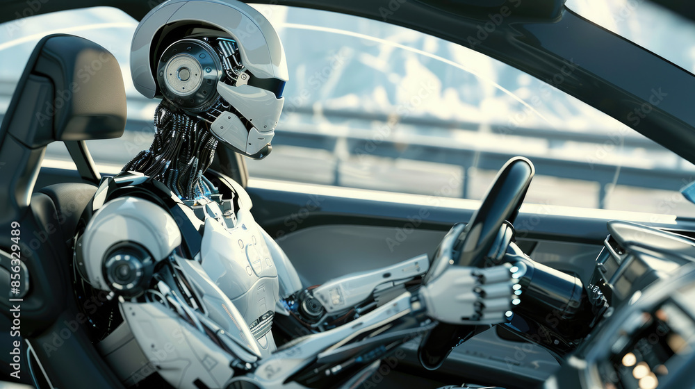 Fototapeta premium Smart futuristic humanoid robot drives car in future, white android driver sits in vehicle against window. Concept of tech, technology, science, innovation, scifi,