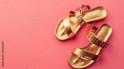 Chic gold ladies' gladiator sandals with metallic straps on a solid pink background. photo