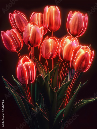 A bouquet of vibrant tulips glowing with neon light effects against a dark background, creating a striking and modern floral display. #856329456