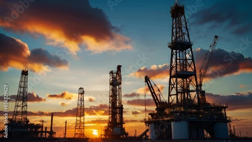 Oil rigs at sunset with clouds background Oil field the oil workers oil refinery and industrial concept