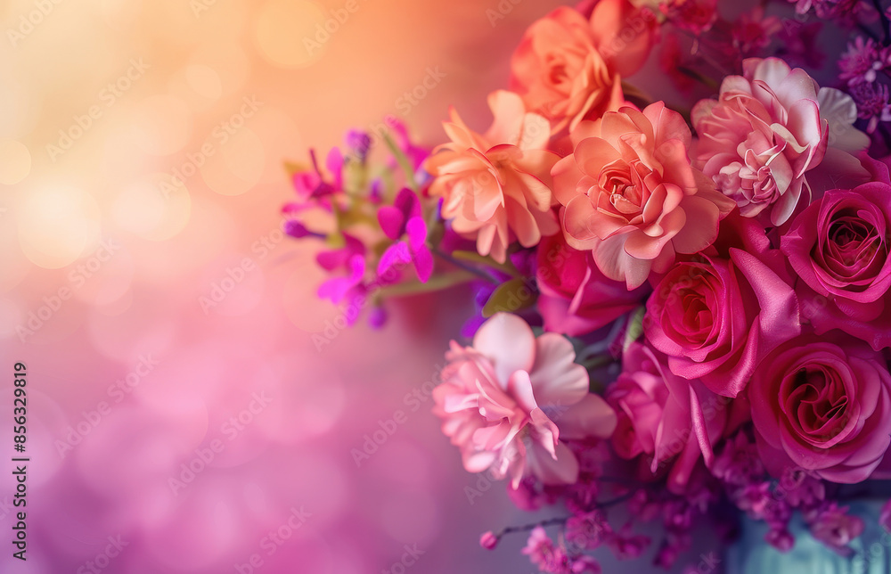 A vibrant bouquet of pink and orange flowers with a soft bokeh background, creating a joyful and celebratory floral arrangement with warm tones and a lush, luxurious feel. A vibrant bouquet of pink and orange flowers with a soft bokeh background, creating a joyful and celebratory floral arrangement with warm tones and a lush, luxurious feel.