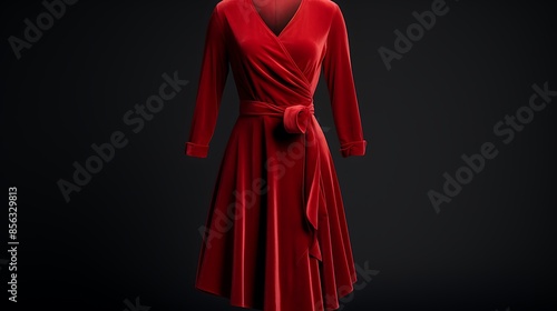 Chic red velvet wrap dress with a v-neckline on a solid blue background.