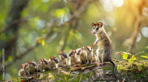 Fototapeta Naklejka Na Ścianę i Meble -  Cheerful mother mouse opossum with playful cubs in natural setting with copy space, wild animals concept, banner